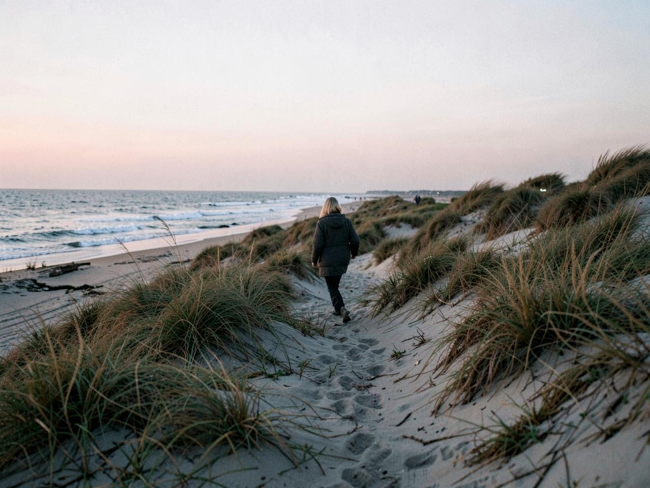 A person walking a sandy path through coastal dunes at dusk