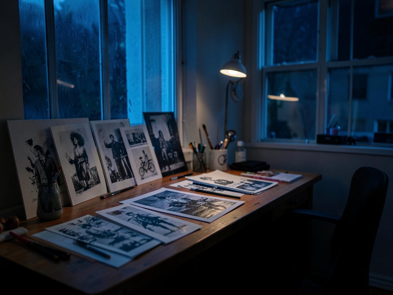 A studio desk at night covered with prints and drawing tools