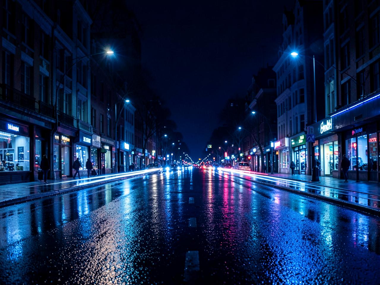 City lights reflecting on a wet street after rain at night